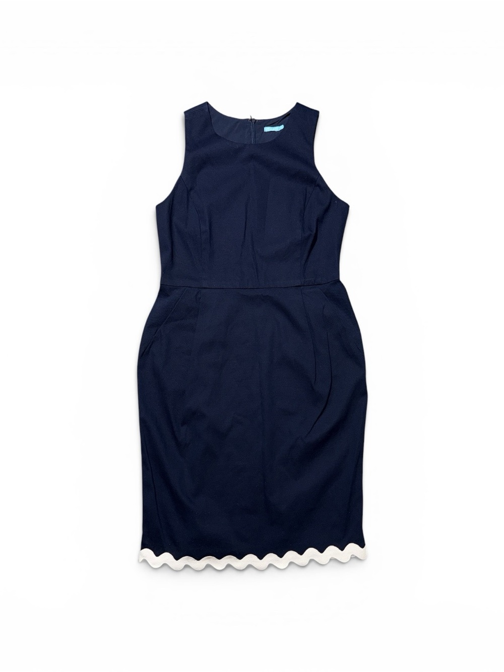 J. Mclaughlin 10 Sleeveless Navy Midi Sheath Dress with White Scallop Hem New